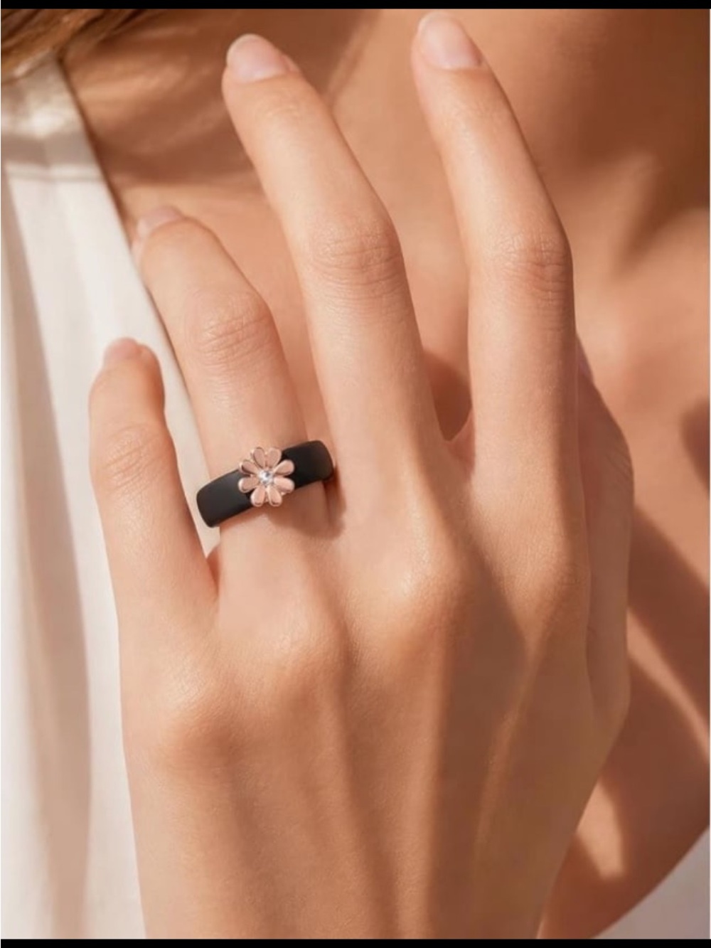 Black Band Flower Ring with Pink Gold Petal Accent Size 7.5-8 - New in box